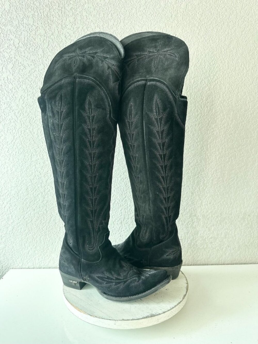 Lane LEXINGTON Over the Knee Cowboy Boots Black Suede Western Cowgirl Womens 8.5
